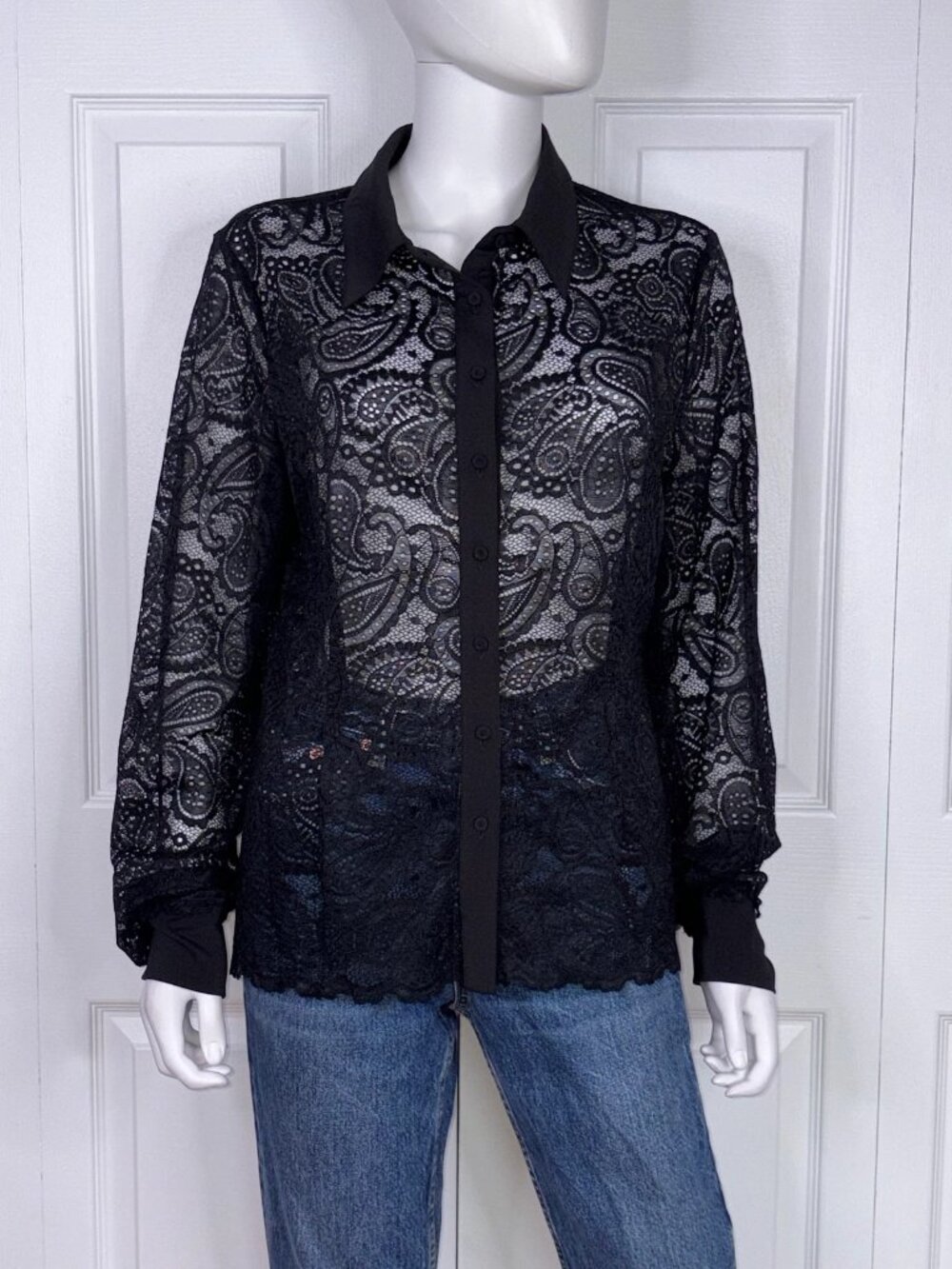 MELANIE LYNE women's black lace blouse size Large  NWT